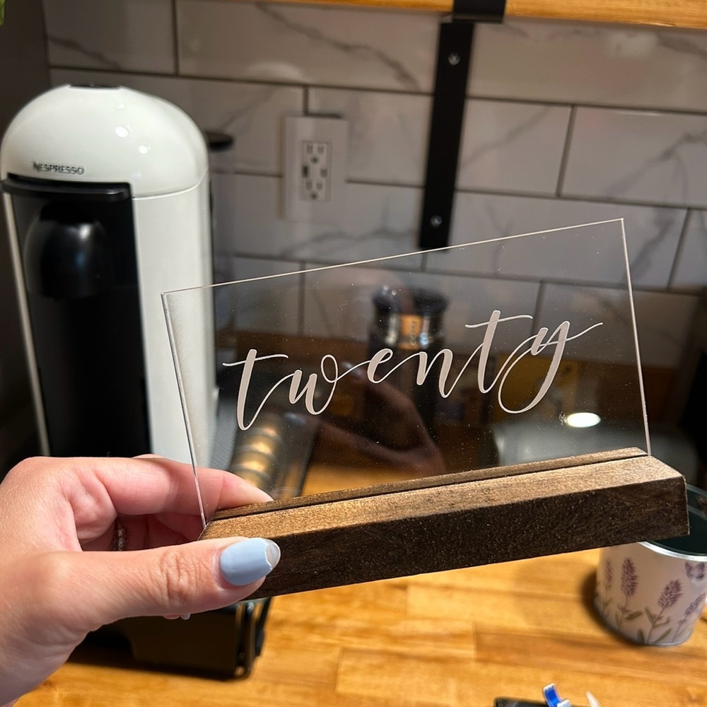 Clear acrylic table numbers with wooden base